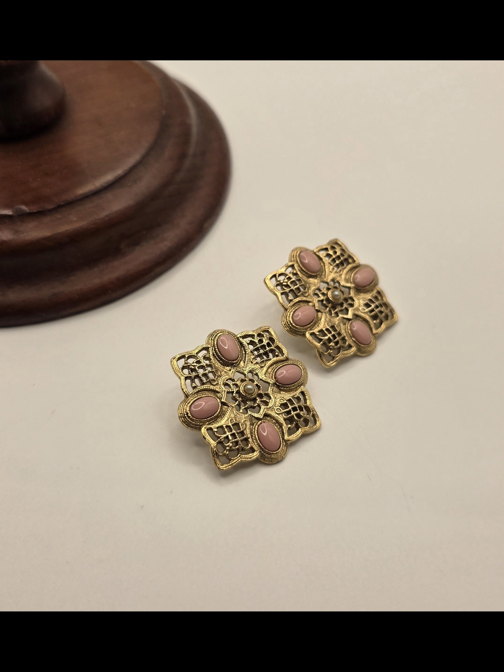 Vintage Style Square Filigree Gold Tone Earrings w/ Pink Cabachons 1.25" Pierced